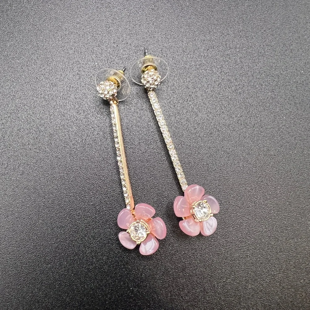 Pink Flower Drop Earrings Gold Tone Pave Rhinestone Resin Floral‎ Dangle Spring